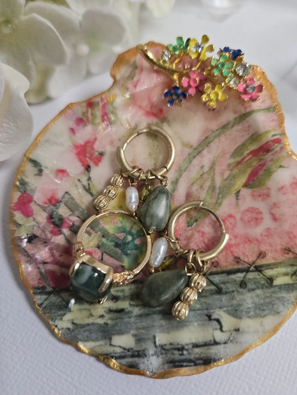 Hand Gilded Upcycled Jewelry Art Decoupage Shell Trinket Dish - Micro Florals